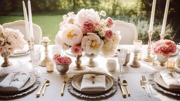 Wedding tablescape with peony bouquet, formal dinner table setting, table scape with decoration for wedding party and event celebration, generative ai photo