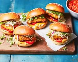 Comfort food and homemade meal recipe, burgers with meat and veggies for lunch or dinner on rustic board and blue table, photo
