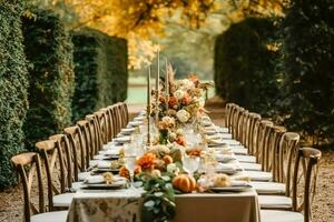Autumn table scape, autumnal dinner table setting, holiday tablescape for wedding, birthday or party event celebration, generative ai photo