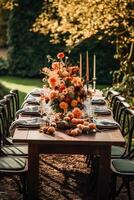 Autumn table scape, autumnal dinner table setting, holiday tablescape for wedding, birthday or party event celebration, generative ai photo