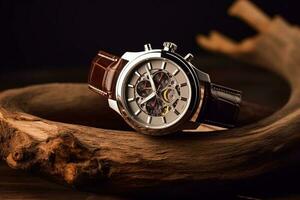 Luxury mens watch commercial concept prototype, bespoke design on dark wood background, generative ai photo