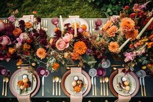 Top view of autumn table scape, autumnal dinner table setting, holiday tablescape for wedding, birthday or party event celebration, photo
