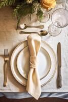 Elegant dinner table setting arrangement in English country style as flatlay tablescape, folded napkin on a serving plate, tableware and holiday table decor, generative ai photo