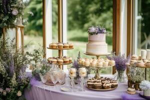 Boda pastel con lavanda floral decoración, fiesta celebracion y fiesta postre en un campo jardín, evento comida abastecimiento, país cabaña estilo, generativo ai foto