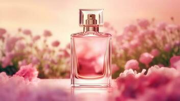 lujoso floral aroma, fragancia botella y rosado flores, perfume comercial en flor jardín, hecho a la medida perfumería y belleza producto venta, generativo ai foto