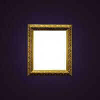 Antique art fair gallery frame on royal purple wall at auction house or museum exhibition, blank template with empty white copyspace for mockup design, artwork photo