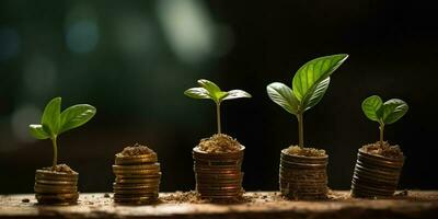 ai generado. ai generativo. creciente Finanzas dinero valores invertir monedas tarro con verde planta. gráfico Arte foto