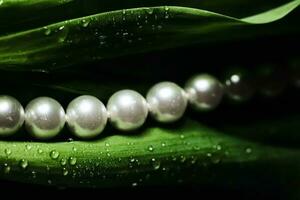 Pearls in exotic green leaves, luxury jewellery photo