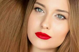 Hairstyle, beauty and hair care, beautiful woman with long healthy hair, model wearing matte red lipstick makeup, glamour portrait for hair salon and haircare photo