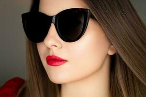 belleza, Moda y estilo, cara retrato de hermosa mujer vistiendo elegante gato ojo Gafas de sol y rojo lápiz labial constituir, lujo accesorio y verano estilo de vida, glamour y elegante Mira foto