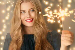 Holiday magic, Christmas and New Year celebration, happy woman with sparklers photo