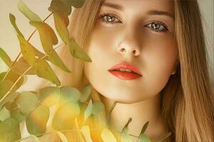 belleza, maquillaje y peinado, cara retrato de hermosa mujer con verde hojas rama, rojo lápiz labial maquillaje para protección de la piel productos cosméticos y Moda Mira foto