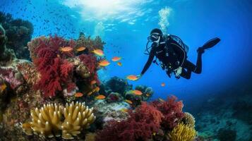 escafandra autónoma buzo con coral arrecife foto