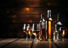 Alcohol drinks on wooden table photo