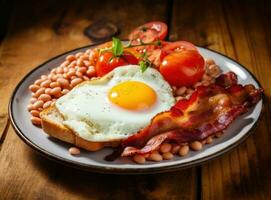 English breakfast with eggs, bacon and beans photo