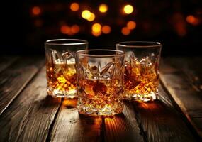 Alcohol drinks on wooden table photo