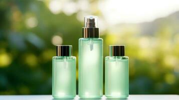 Cosmetic bottles template on green bokeh background photo