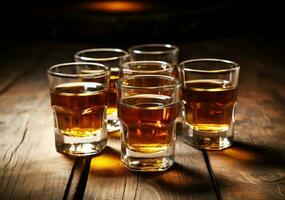 Alcohol drinks on wooden table photo