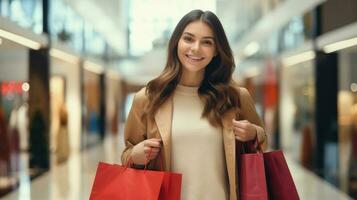 Happy woman with colorful shopping bags photo