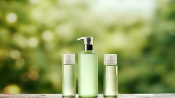 cosmético botellas modelo en verde bokeh antecedentes foto