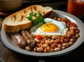 English breakfast with eggs, bacon and beans photo