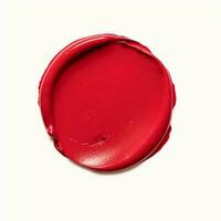 Beauty swatch and cosmetic texture, circle round red lipstick sample isolated on white background, paraffin wax sealing stamp, generative ai photo