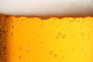 Close-up glass of cold beer with foam as texture and background, post-processed, generative ai photo