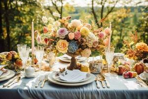 Autumn table scape, autumnal dinner table setting, holiday tablescape for wedding, birthday or party event celebration, generative ai photo