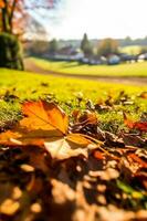 resumen otoño escena y Inglés país estilo casa pueblo en fondo, hermosa campo naturaleza con otoñal hojas y Bokeh, generativo ai foto