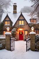 hermosa país cabaña decorado para Navidad en un Nevado invierno día, fiesta y celebracion, generativo ai foto