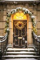 Christmas holiday, country cottage and snowing winter, wreath decoration on a door, Merry Christmas and Happy Holidays wishes, generative ai photo