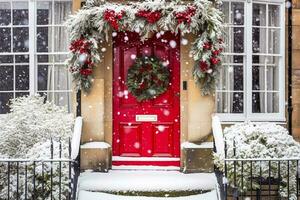 Christmas wreath and decoration on a classic red door on snowing winter holiday, Merry Christmas and Happy Holidays wishes, generative ai photo
