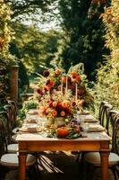 Autumn table scape, autumnal dinner table setting, holiday tablescape for wedding, birthday or party event celebration, generative ai photo