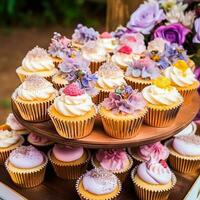 pastelitos, pasteles, bollos y magdalenas y fiesta decoración al aire libre a el Inglés país estilo jardín, dulce postres para boda, cumpleaños o fiesta celebracion, generativo ai foto