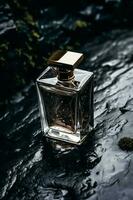Modern glass men perfume bottle among black rocks in the rain, fragrance and perfumery, post-processed, generative ai photo