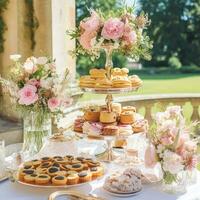 Boda buffet mesa, evento postre comida abastecimiento para boda, fiesta y fiesta celebracion, pasteles, dulces y postres en un país jardín, generativo ai foto