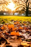 resumen otoño escena y Inglés país estilo casa pueblo en fondo, hermosa campo naturaleza con otoñal hojas y Bokeh, generativo ai foto
