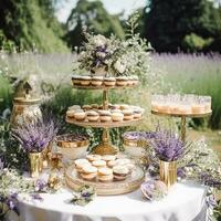 postre buffet mesa, comida abastecimiento para boda, fiesta fiesta celebracion, lavanda decoración, pasteles y postres en un país jardín, generativo ai foto