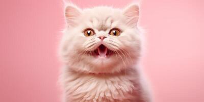 . . face frontal cute funny cate portrait on pink background. Happy animal pet promotion vibe. Graphic Art photo