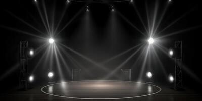 . . Spotlight scene show stage concert music event hall party. Round with ligh lamps shine. Graphic Art photo