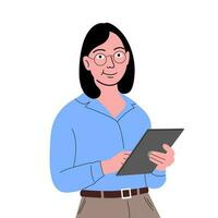 Female Employee Using Tablet in the Office Isolated Background Flat Design Style vector