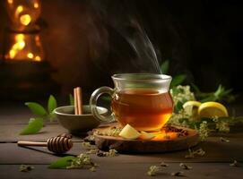 A cup of hot honey and sour green tea with spices photo