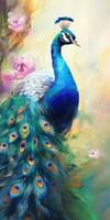 Peacock on oil painting of colorful artworks photo