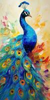 Peacock on oil painting of colorful artworks photo