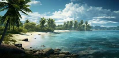 An aerial view of the tropical beach and ocean with palm trees photo