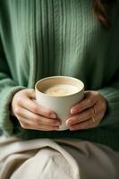 A coffee cup is placed on top of a grey blanket photo