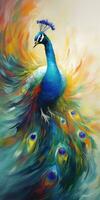 Peacock on oil painting of colorful artworks photo