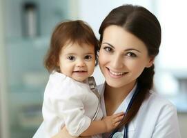 A nurse is looking at an older child with a stethoscope photo