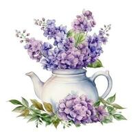 Watercolor teapot with flowers isolated photo