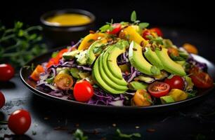 An avocado mixed salad with red cabbage and tomato photo